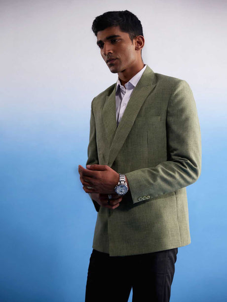 Ethniqndia Men's Green Jute Cotton Blazer