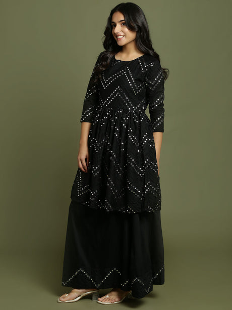 Yuva By Ethniqndia Girl's Black Mirror Work Flared Kurta And Long Skirt Set