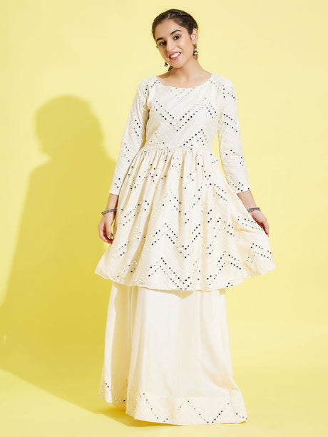 YUVA BY Ethniqndia Girl's Cream Mirror Flair Kurti With Long Skirt Set