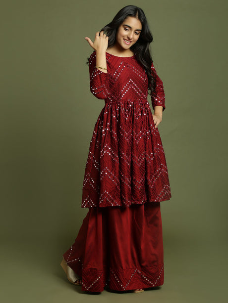 Yuva By Ethniqndia Girl's Maroon Mirror Work Flared Kurta And Long Skirt Set