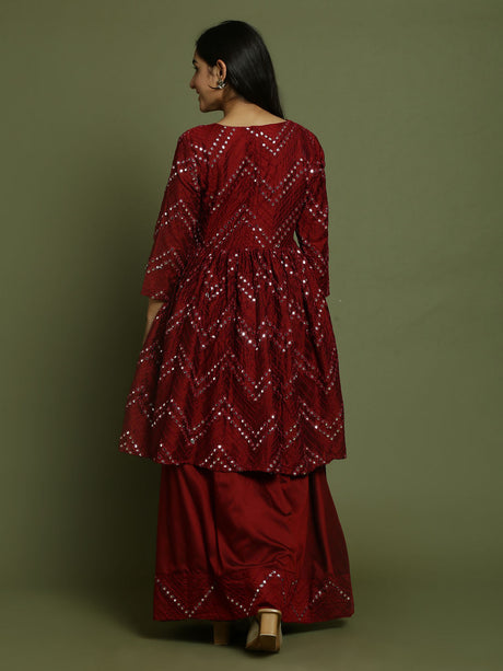 Yuva By Ethniqndia Girl's Maroon Mirror Work Flared Kurta And Long Skirt Set