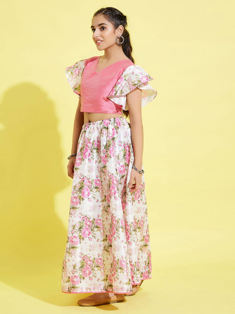 YUVA BY Ethniqndia Girl's Printed Skirt And Ruffle Crop Top Set