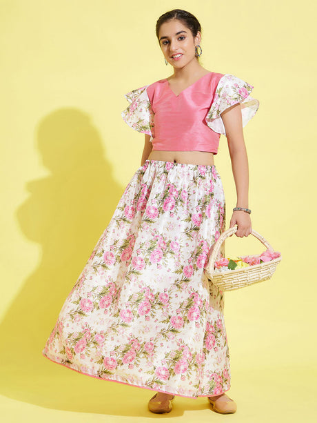 YUVA BY Ethniqndia Girl's Printed Skirt And Ruffle Crop Top Set