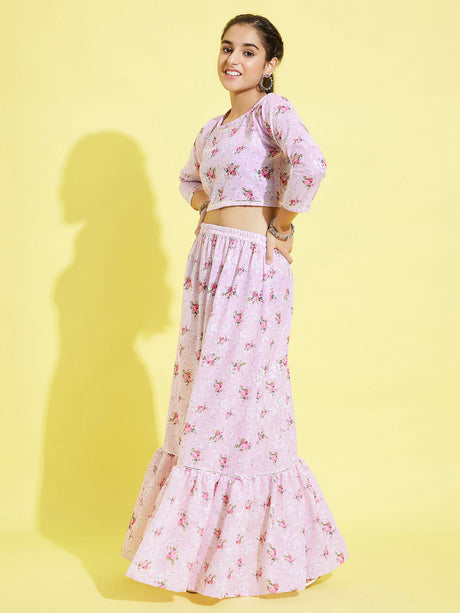 YUVA BY Ethniqndia Girl's Printed Linen Crop Top And Ruffle Skirt Set