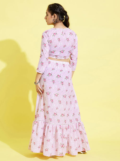 YUVA BY Ethniqndia Girl's Printed Linen Crop Top And Ruffle Skirt Set