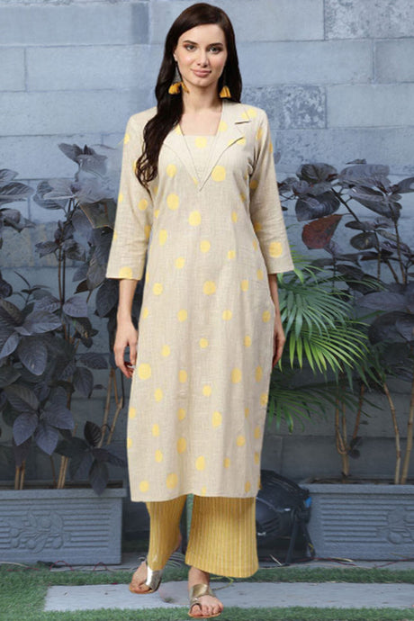 Beige Pure Cotton Geometric Print Kurta Set | Ethniqndia - Made In INDIA.