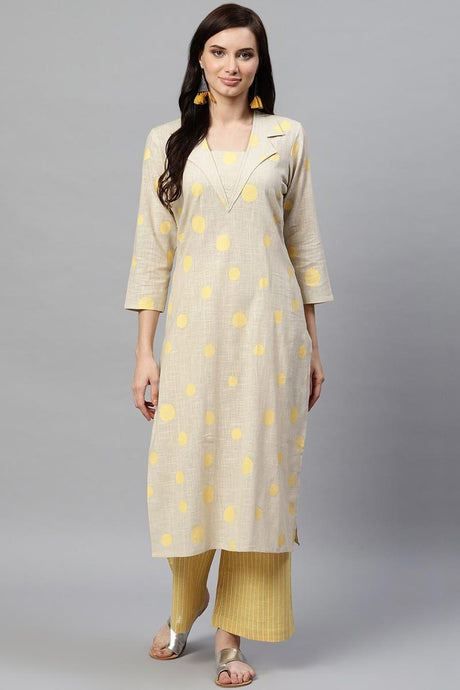 Beige Pure Cotton Geometric Print Kurta Set | Ethniqndia - Made In INDIA.