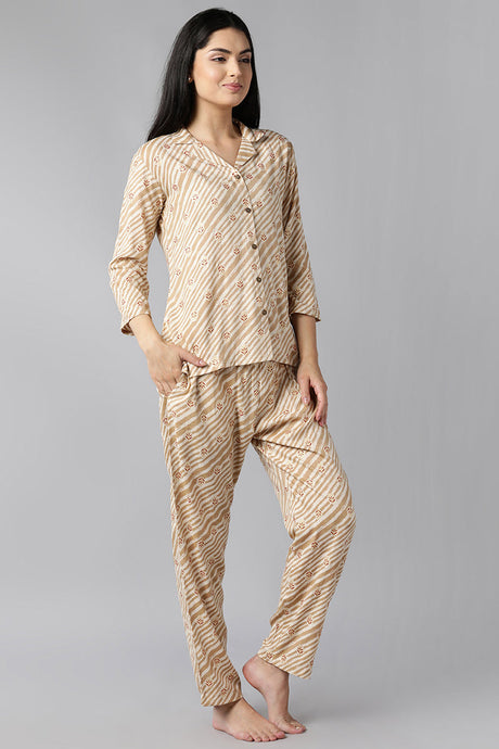 Women Beige Pure Cotton Ethnic Motifs Night Suit | Ethniqndia - Made In INDIA.